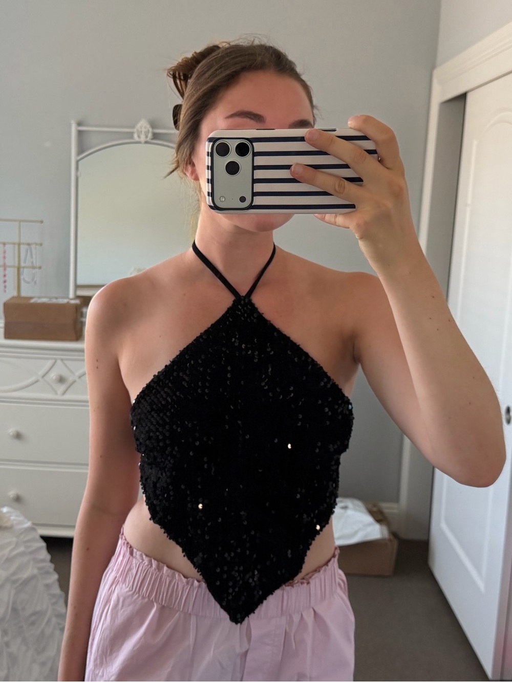 Black sequin halter tie top